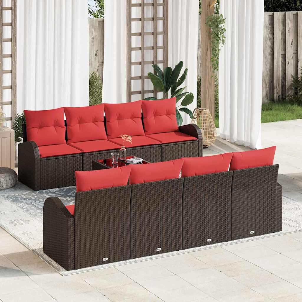 vidaXL Bankstel met kussen met opslag 9 pcs Beige en Rood poly rattan