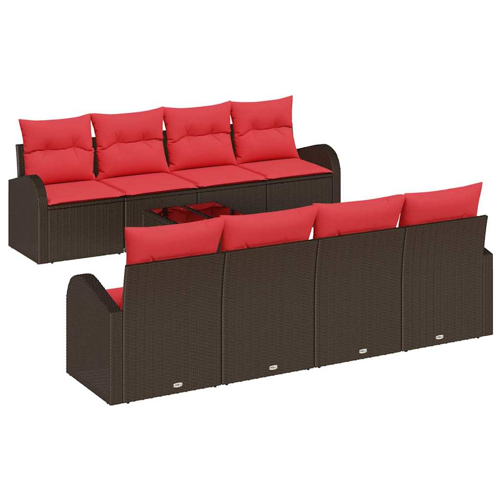 vidaXL Bankstel met kussen met opslag 9 pcs Beige en Rood poly rattan