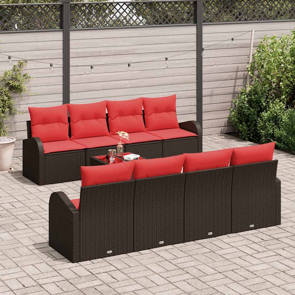 vidaXL Bankstel met kussen met opslag 9 pcs Beige en Rood poly rattan