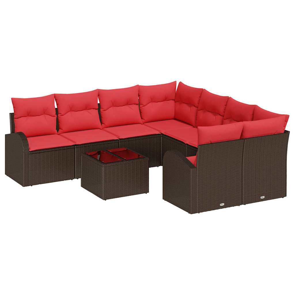 vidaXL Bankstel met kussen met opslag 9 pcs Beige en Rood poly rattan
