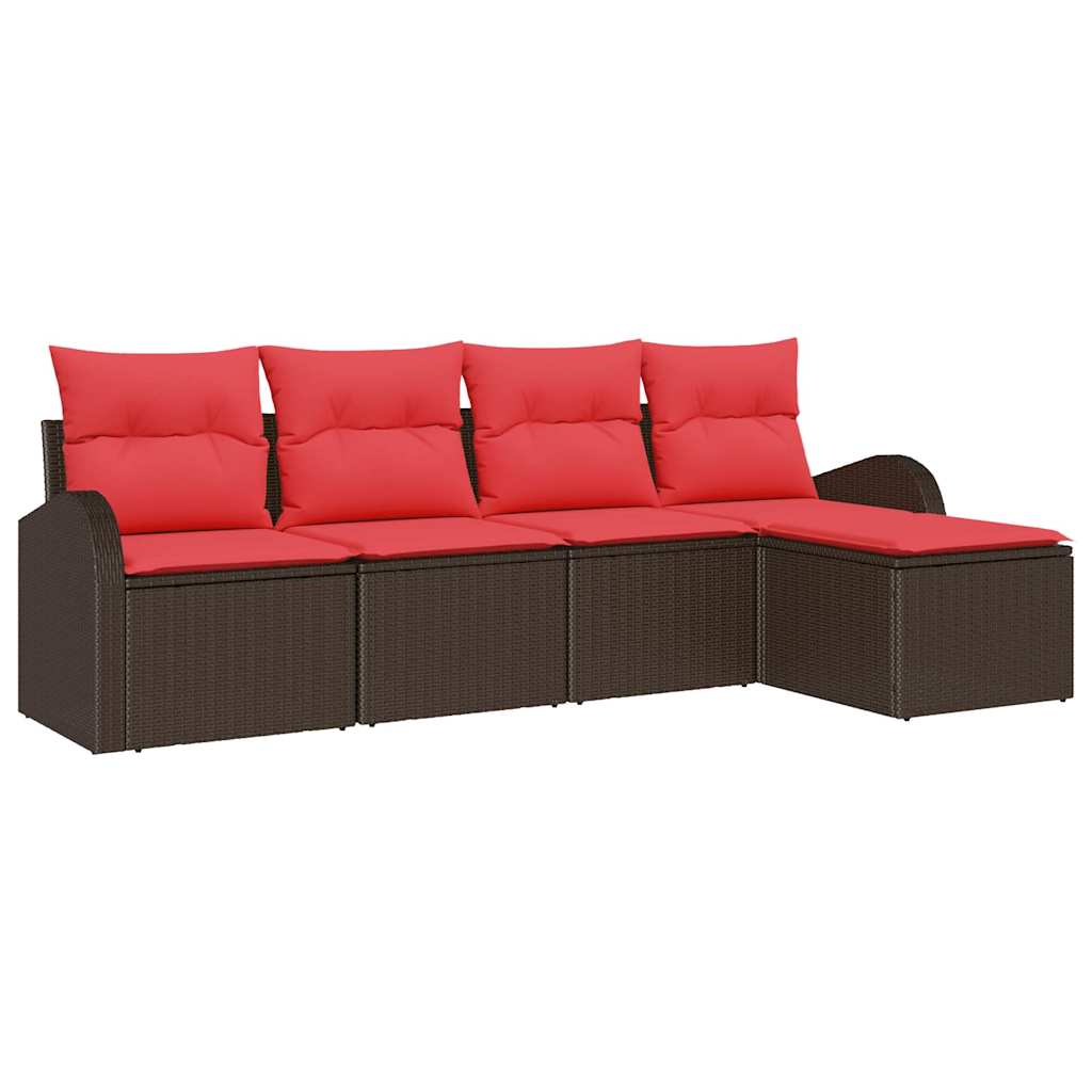 vidaXL Bankstel met kussen met opslag 5 pcs Bruin en Rood poly rattan