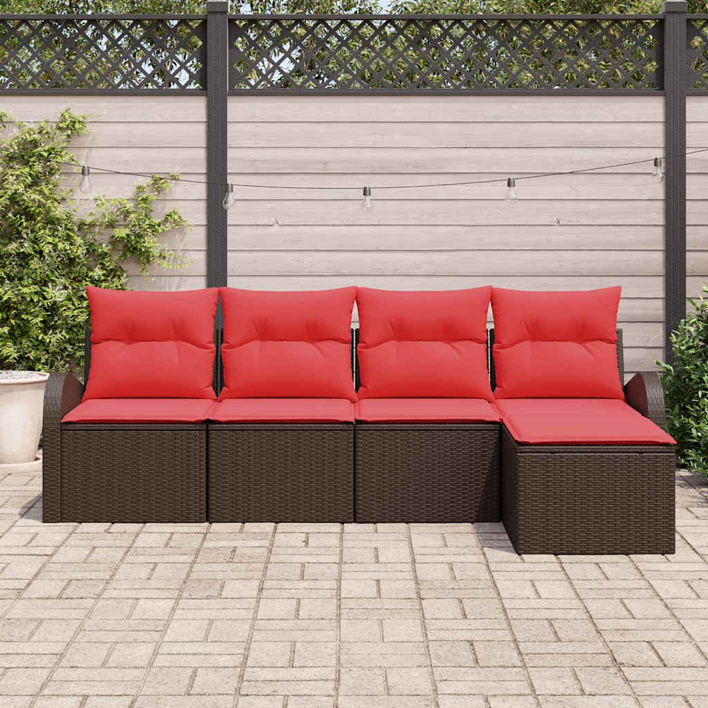 vidaXL Bankstel met kussen met opslag 5 pcs Bruin en Rood poly rattan