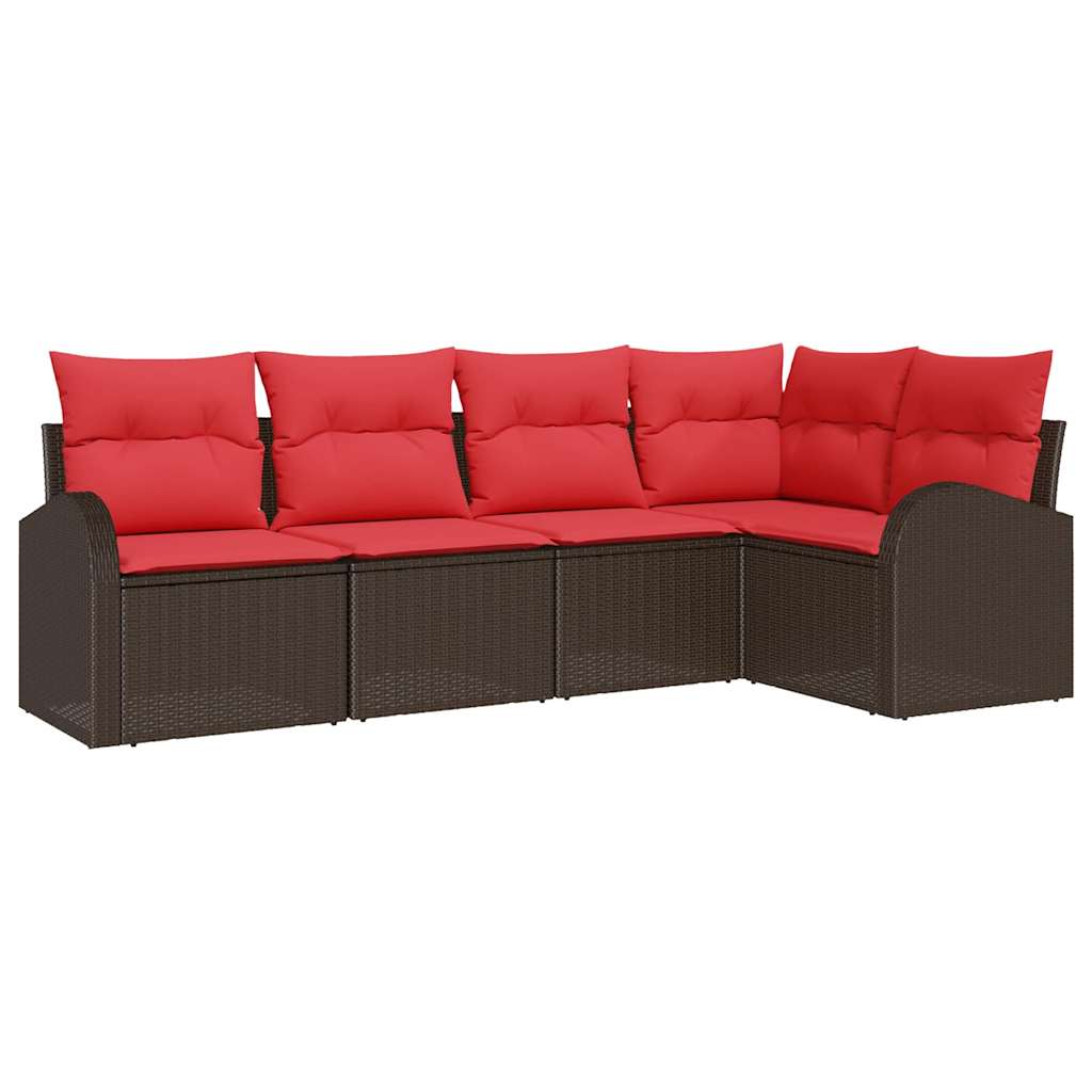 vidaXL Tuinbankenset met kussen 5 pcs Bruin en Rood poly rattan