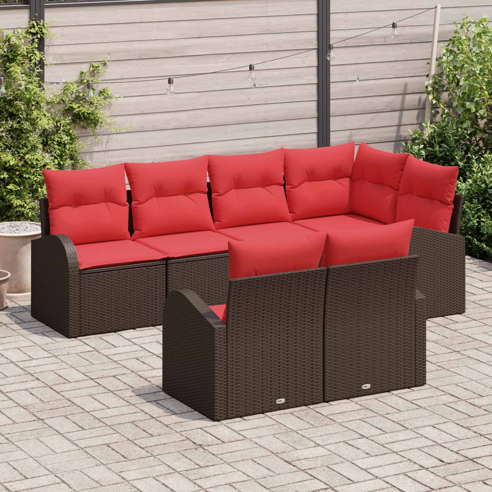 vidaXL Tuin Sofa Set met kussen 7 pcs Bruin en Rood poly rattan