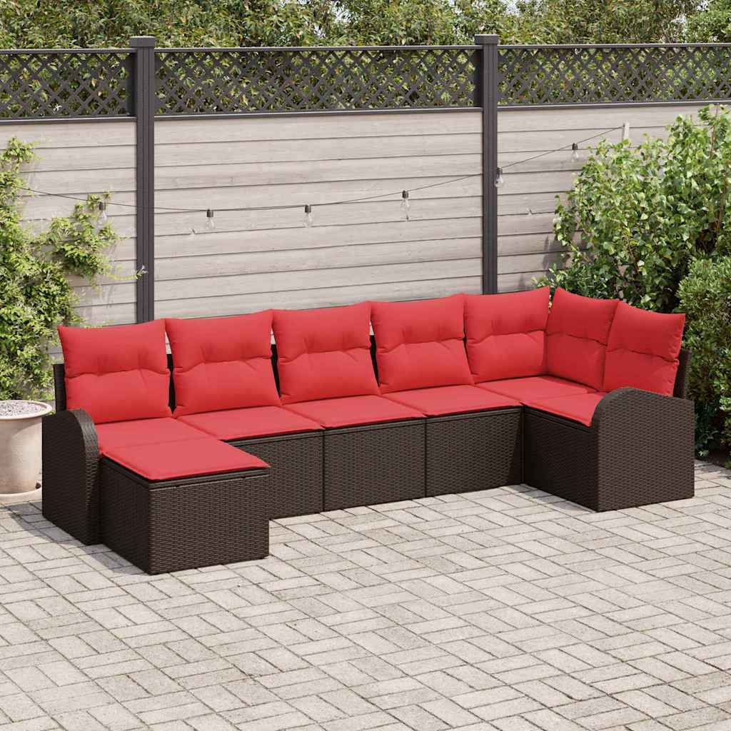 vidaXL Bankstel met kussen met opslag 7 pcs Bruin en Rood poly rattan