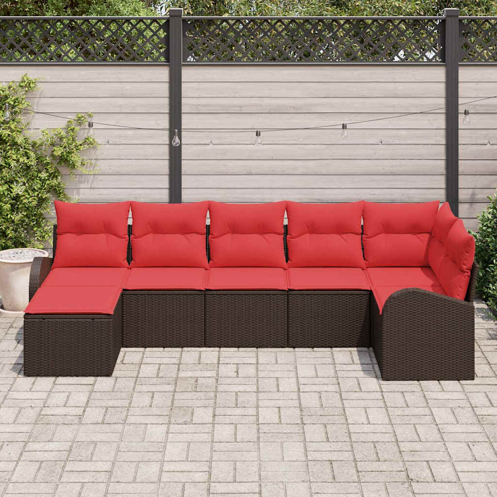 vidaXL Bankstel met kussen met opslag 7 pcs Bruin en Rood poly rattan