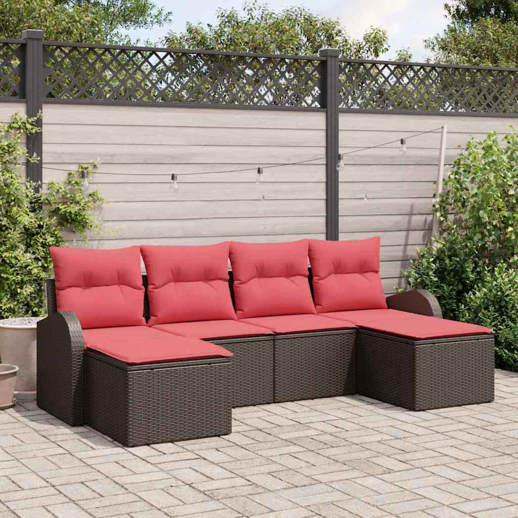 vidaXL Bankstel met kussen met opslag 6 pcs Bruin en Rood poly rattan
