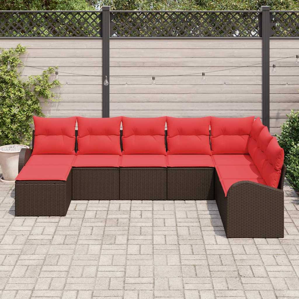 vidaXL Bankstel met kussen met opslag 8 pcs Bruin en Rood poly rattan