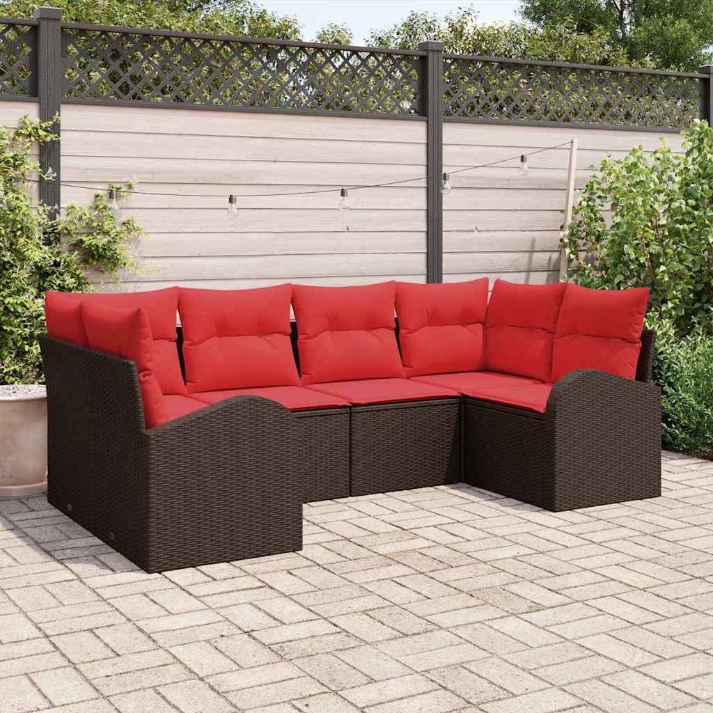 vidaXL Tuinbankenset met kussen 6 pcs Bruin en Rood poly rattan