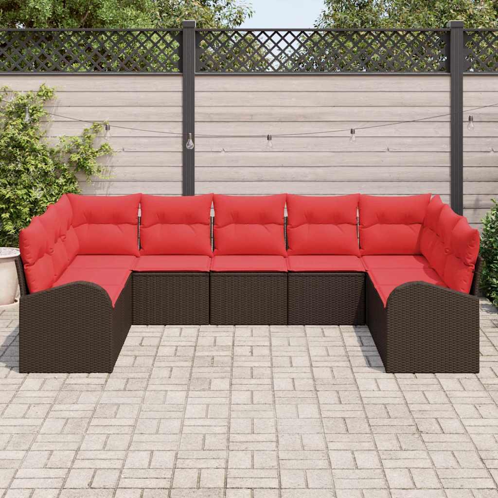 vidaXL Tuinbankenset met kussen 9 pcs Bruin en Rood poly rattan