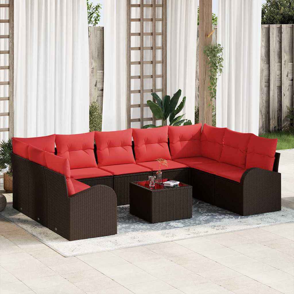 vidaXL Tuinbankenset met kussen 9 pcs Bruin en Rood poly rattan