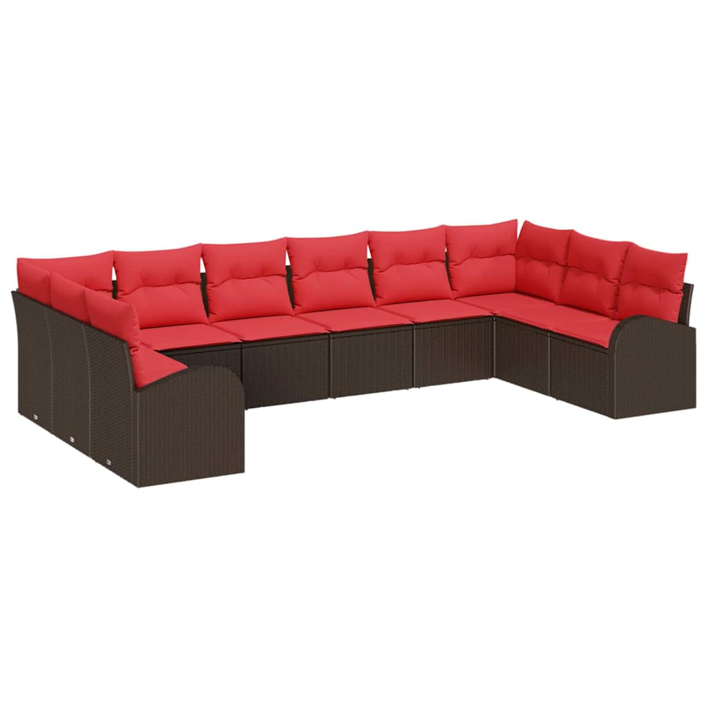 vidaXL Tuinbankenset met kussen 10 pcs Bruin en Rood poly rattan