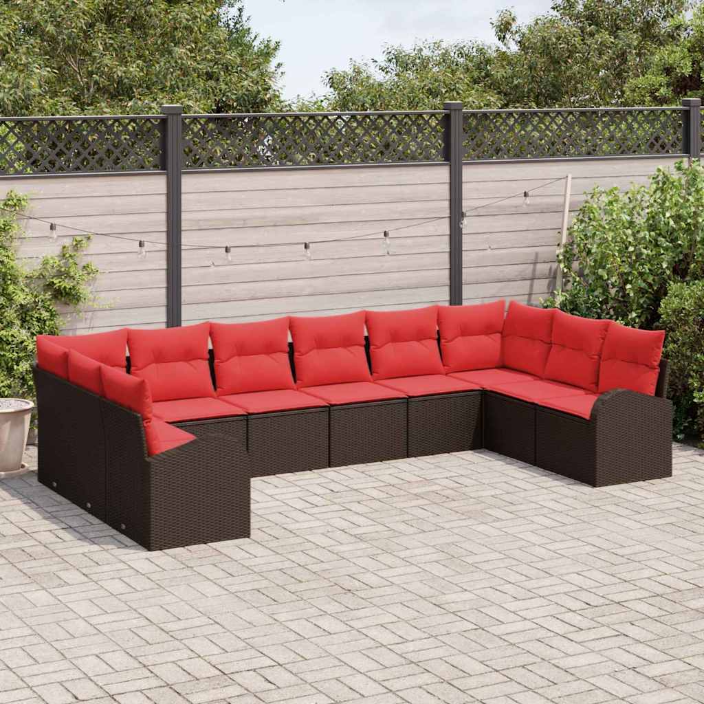 vidaXL Tuinbankenset met kussen 10 pcs Bruin en Rood poly rattan