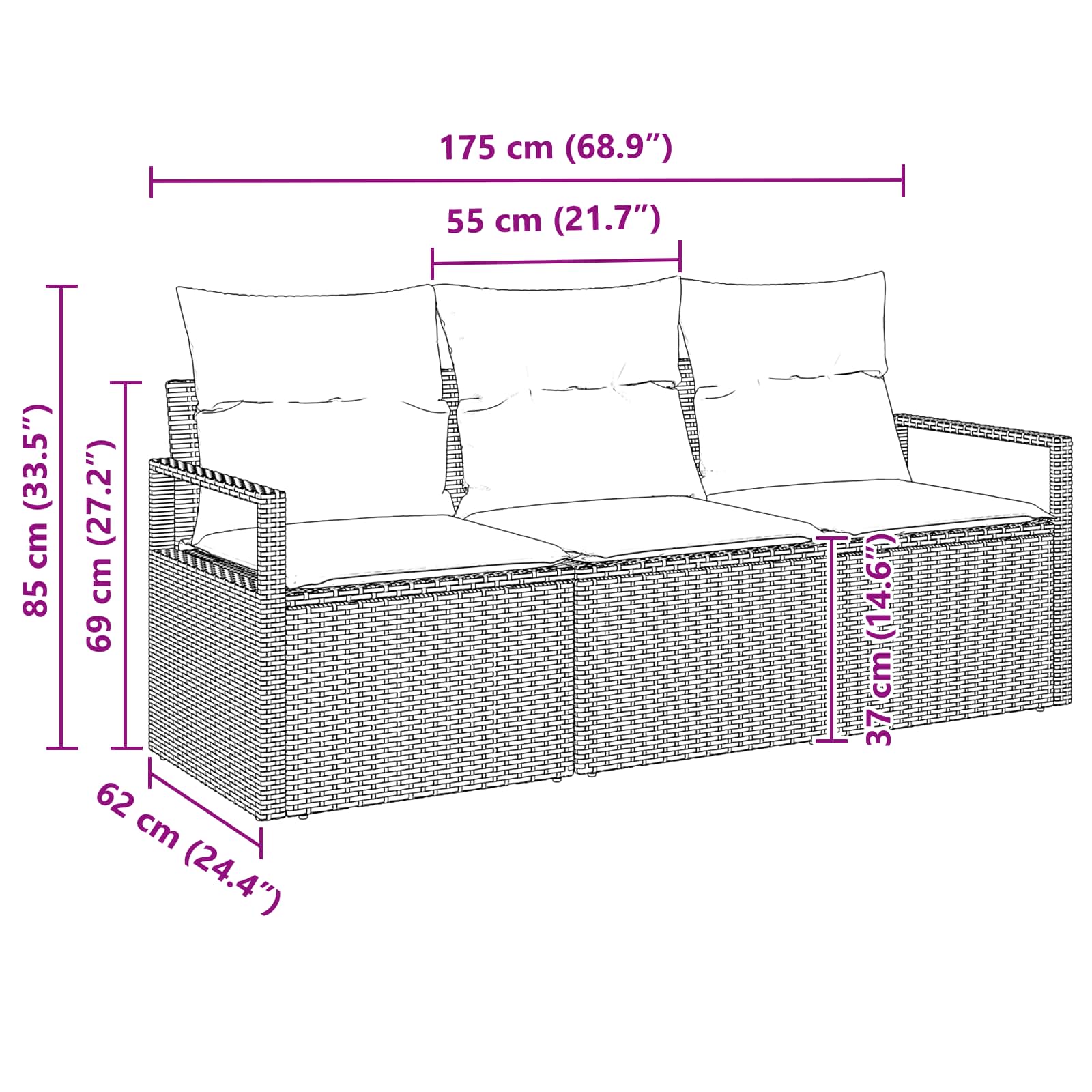 vidaXL Tuinbankenset met kussen 3 pcs Bruin en Rood poly rattan