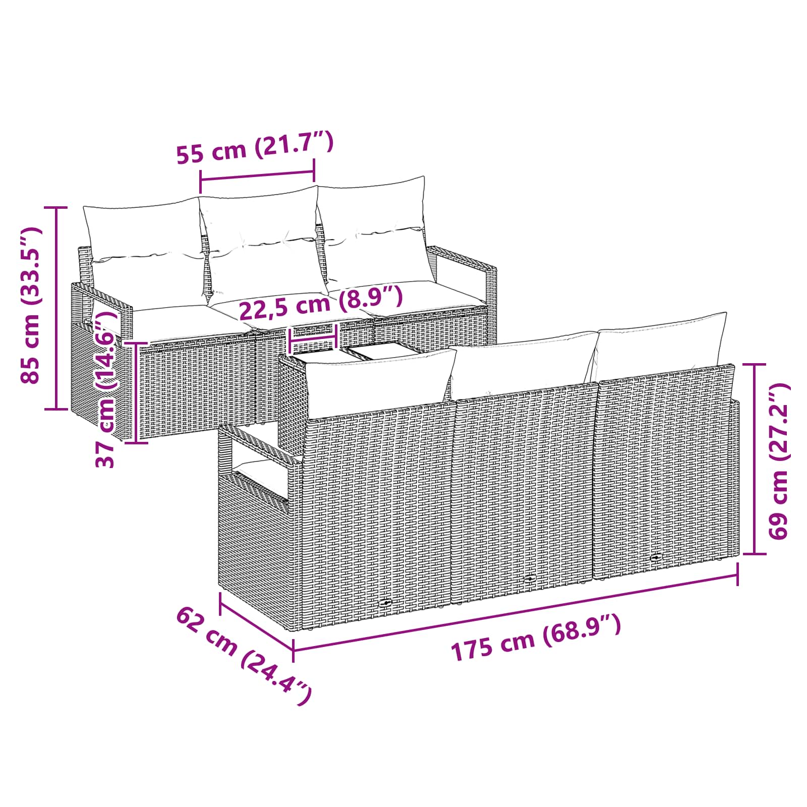 vidaXL Tuin Sofa Set met kussen 7 pcs Beige en Rood poly rattan