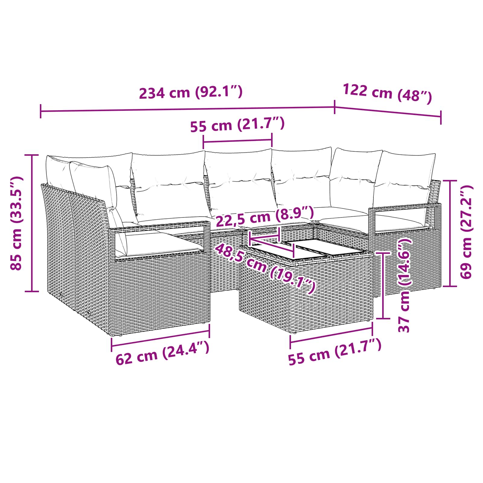 vidaXL Tuin Sofa Set met kussen 7 pcs Beige en Rood poly rattan