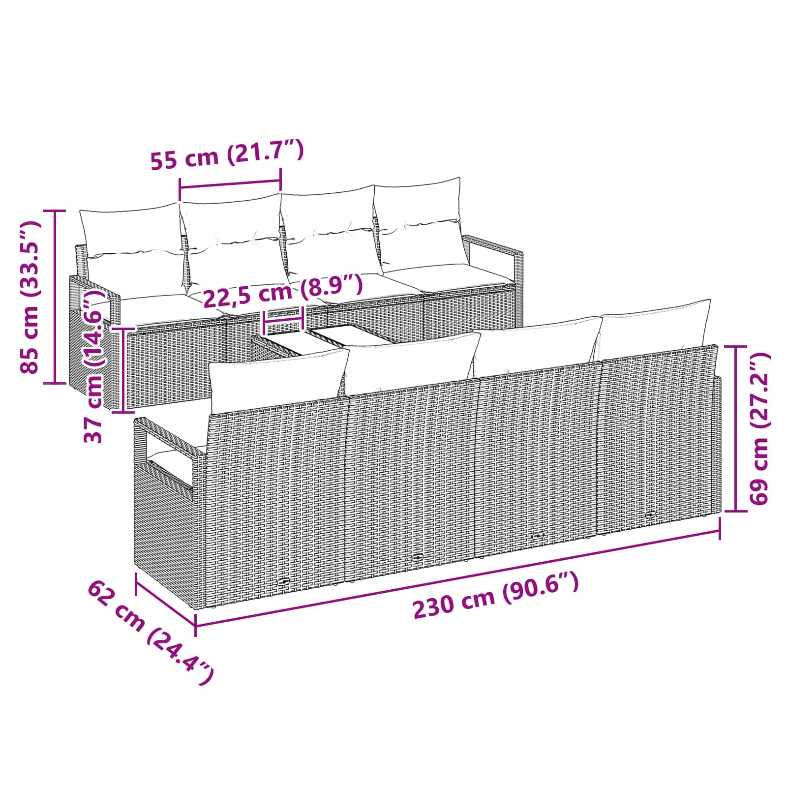 vidaXL Bankstel met kussen met opslag 9 pcs Beige en Rood poly rattan
