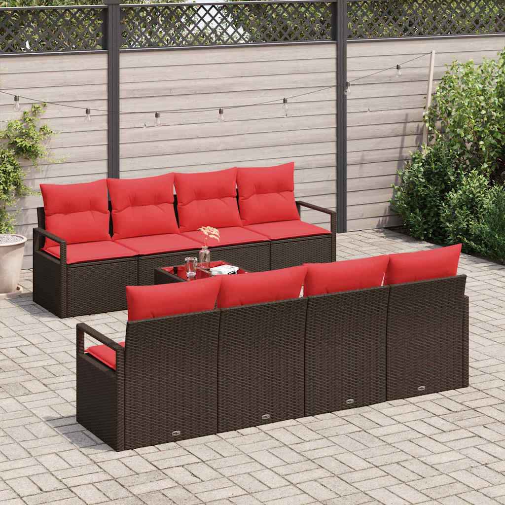 vidaXL Bankstel met kussen met opslag 9 pcs Beige en Rood poly rattan