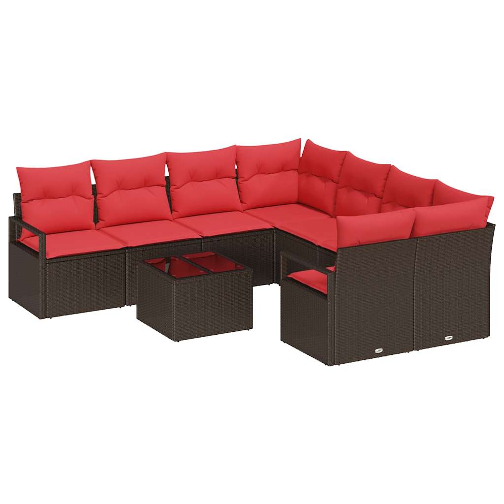 vidaXL Bankstel met kussen met opslag 9 pcs Beige en Rood poly rattan