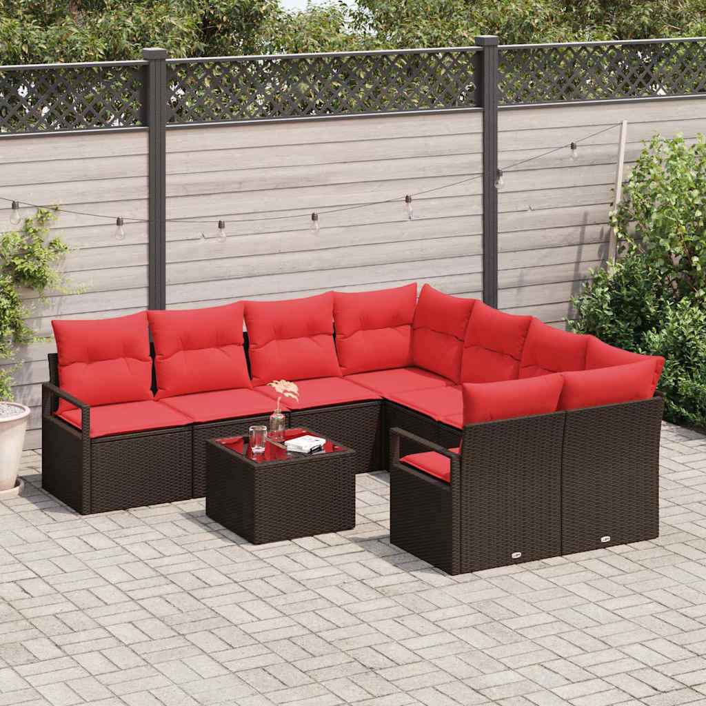 vidaXL Bankstel met kussen met opslag 9 pcs Beige en Rood poly rattan