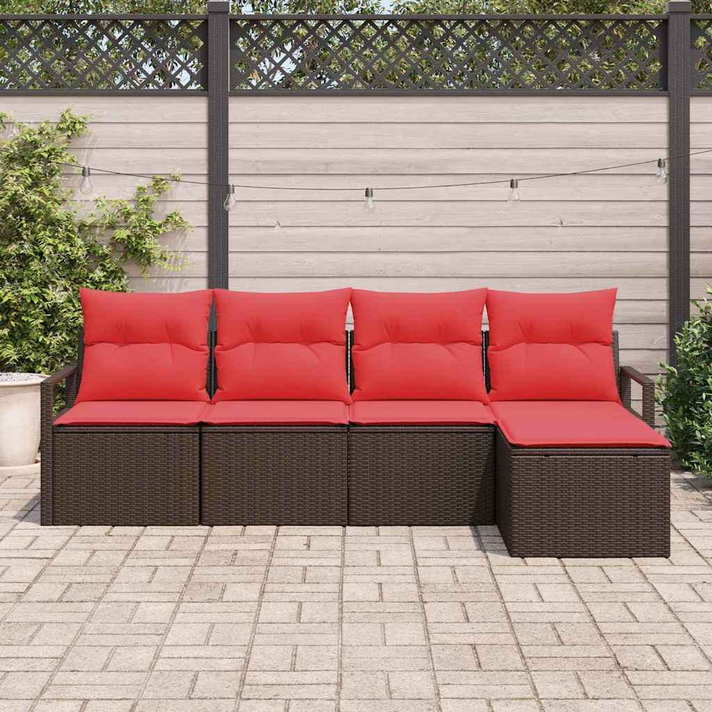 vidaXL Bankstel met kussen met opslag 5 pcs Bruin en Rood poly rattan