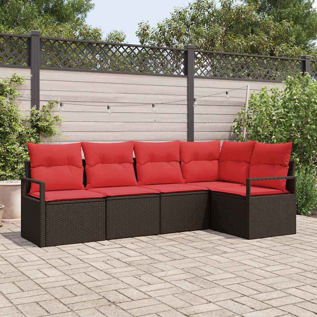 vidaXL Tuinbankenset met kussen 5 pcs Bruin en Rood poly rattan