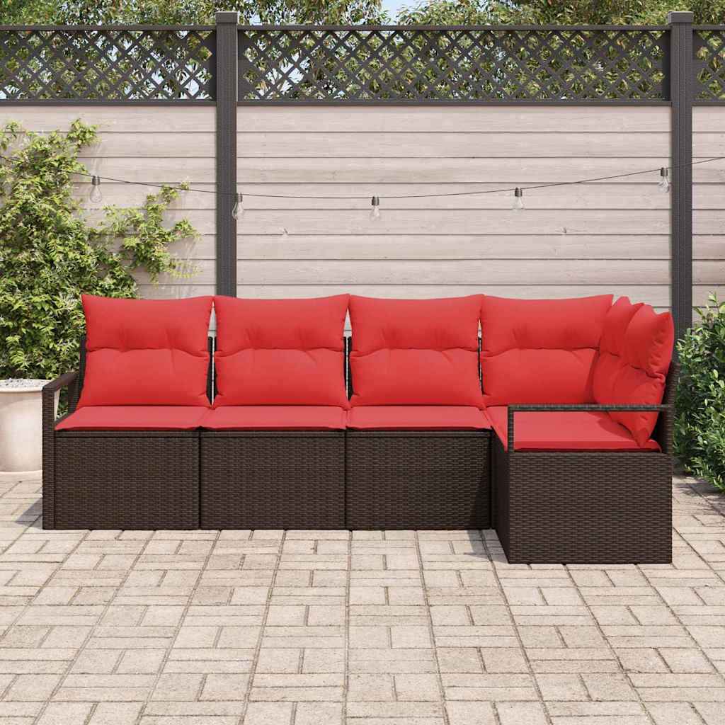 vidaXL Tuinbankenset met kussen 5 pcs Bruin en Rood poly rattan