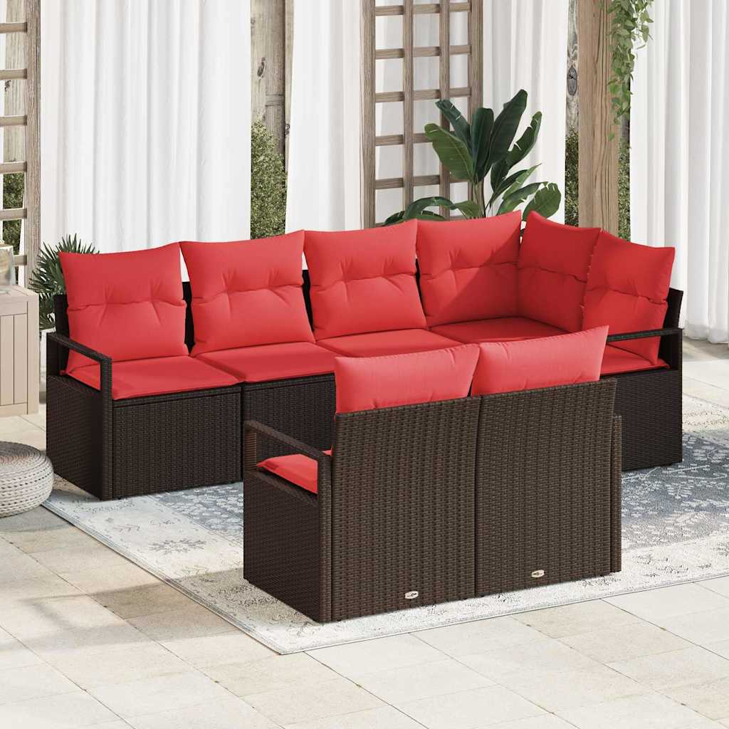 vidaXL Tuinbankenset met kussen 7 pcs Bruin en Rood poly rattan