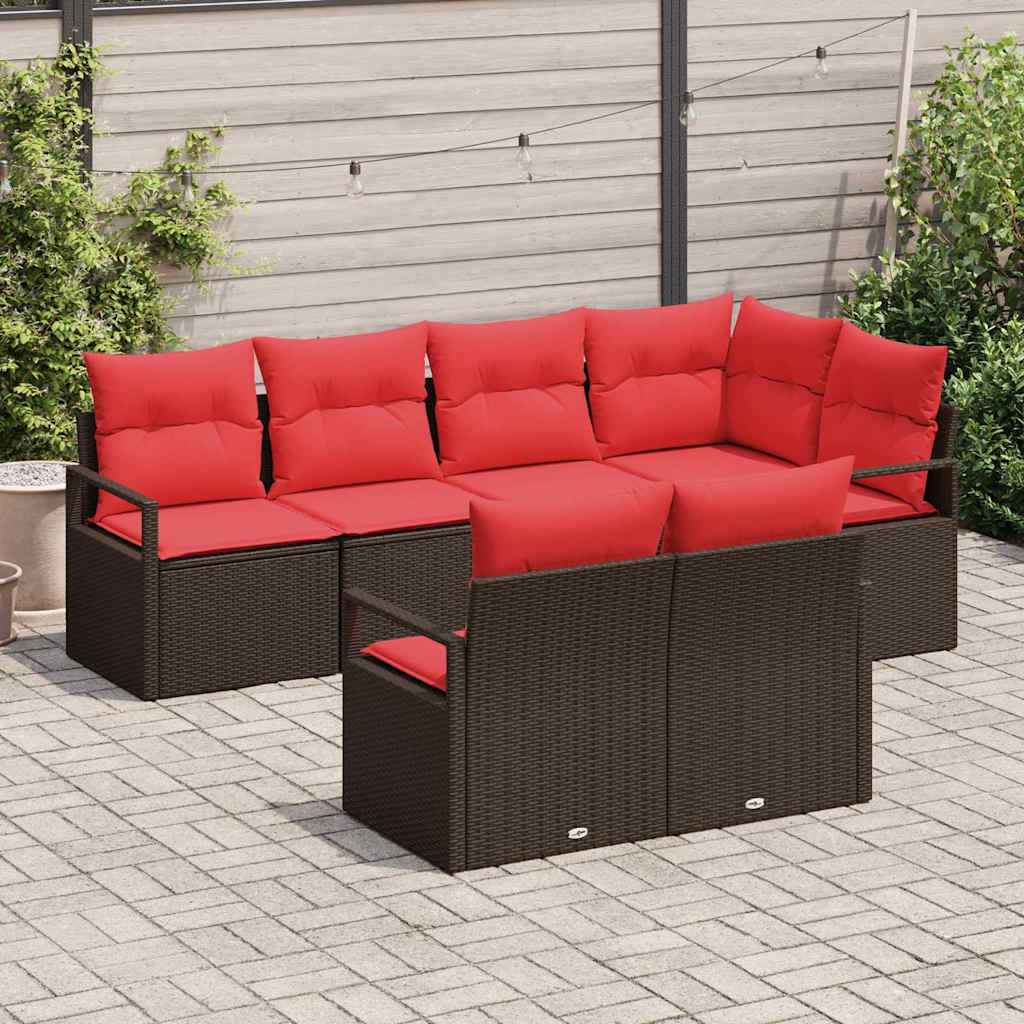 vidaXL Tuinbankenset met kussen 7 pcs Bruin en Rood poly rattan