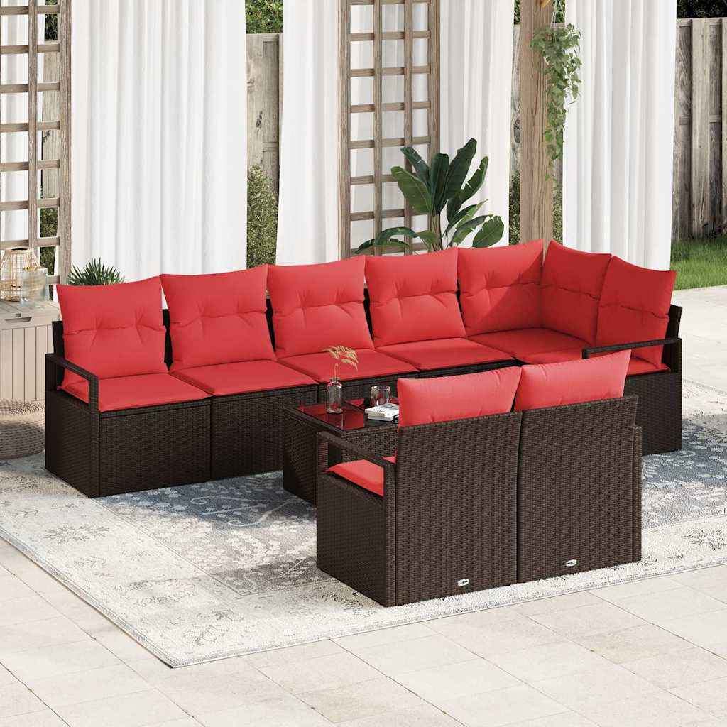 vidaXL Tuinbankenset met kussen 8 pcs Bruin en Rood poly rattan