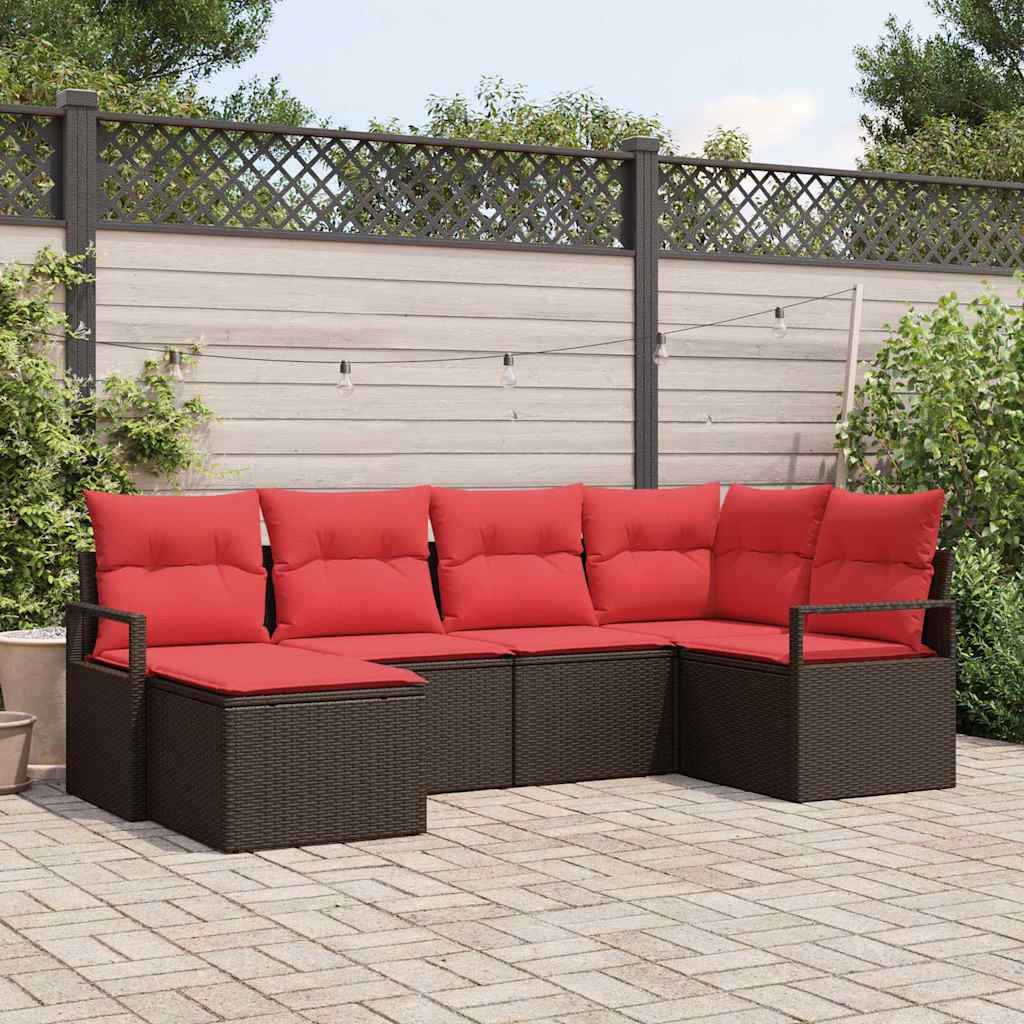 vidaXL Bankstel met kussen met opslag 6 pcs Bruin en Rood poly rattan