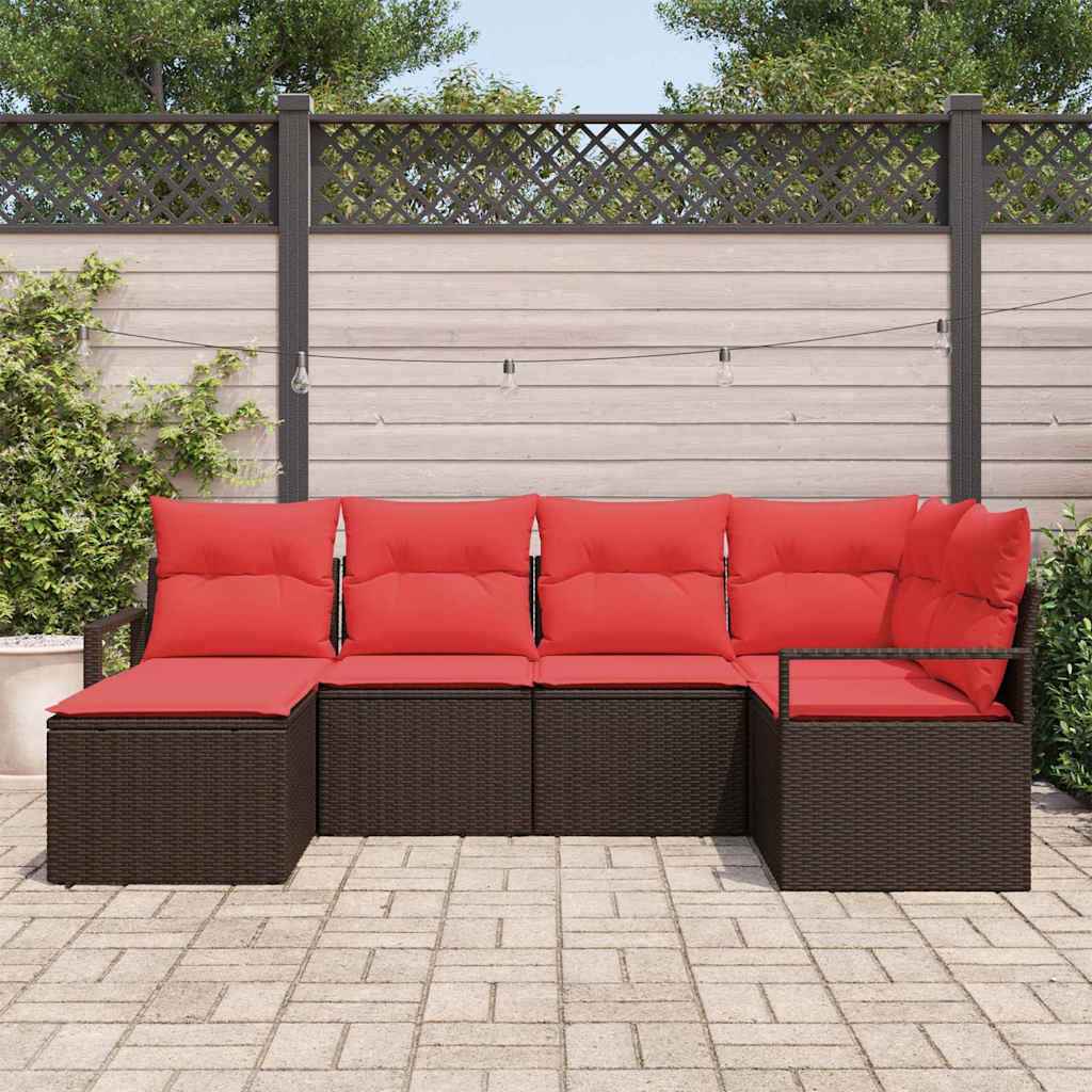 vidaXL Bankstel met kussen met opslag 6 pcs Bruin en Rood poly rattan