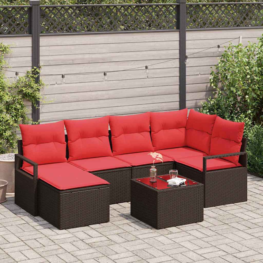 vidaXL Bankstel met kussen met opslag 6 pcs Bruin en Rood poly rattan