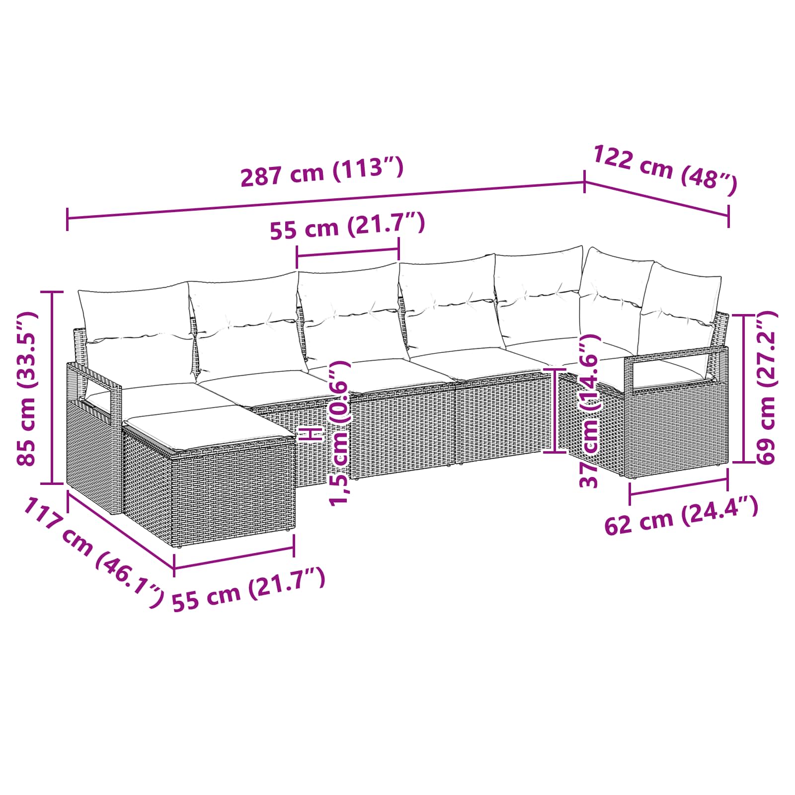 vidaXL Bankstel met kussen met opslag 7 pcs Bruin en Rood poly rattan