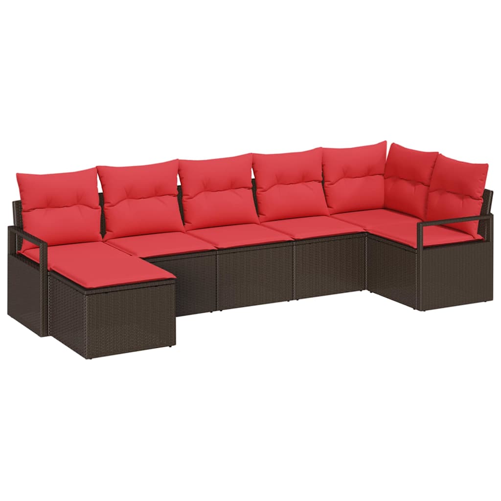 vidaXL Bankstel met kussen met opslag 7 pcs Bruin en Rood poly rattan