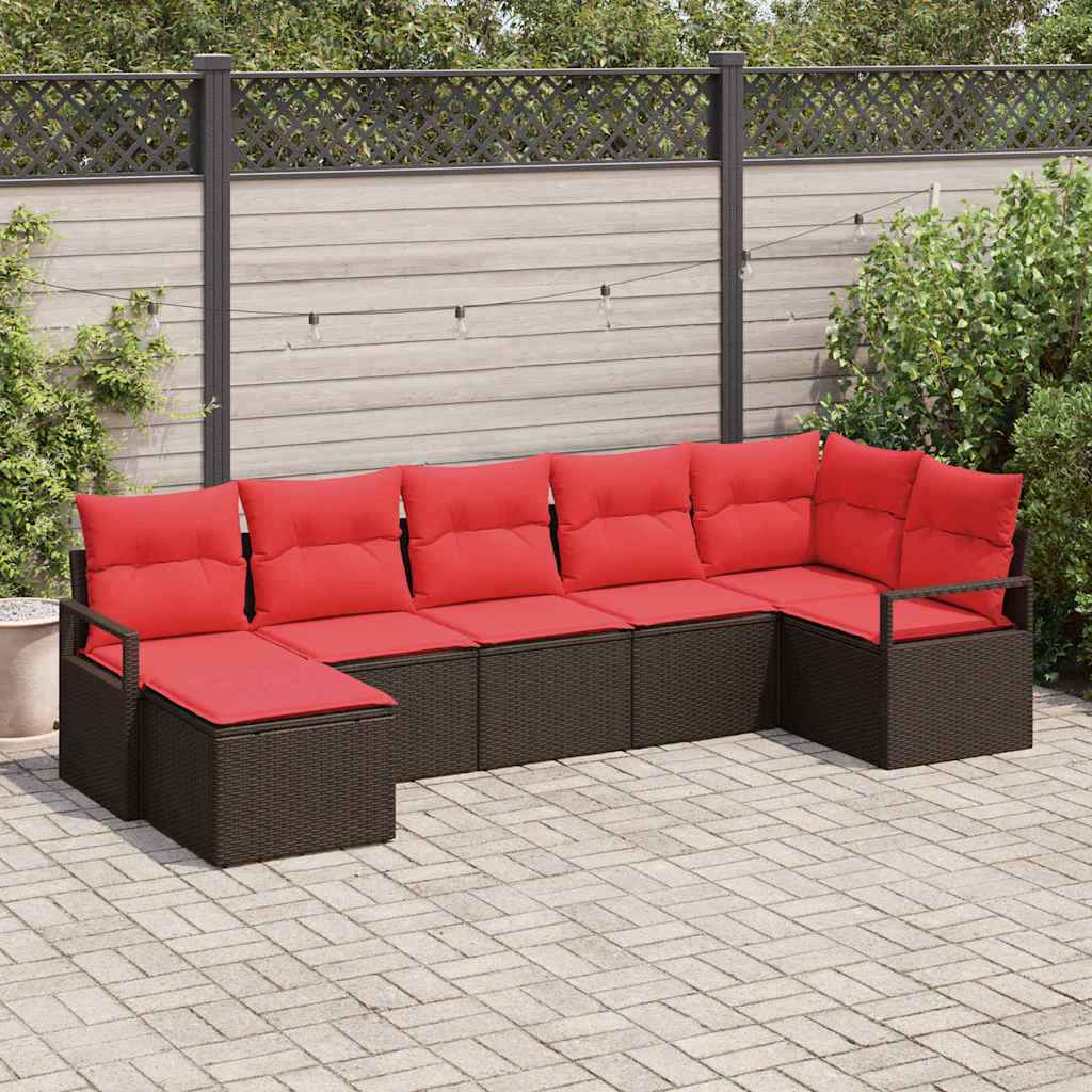 vidaXL Bankstel met kussen met opslag 7 pcs Bruin en Rood poly rattan
