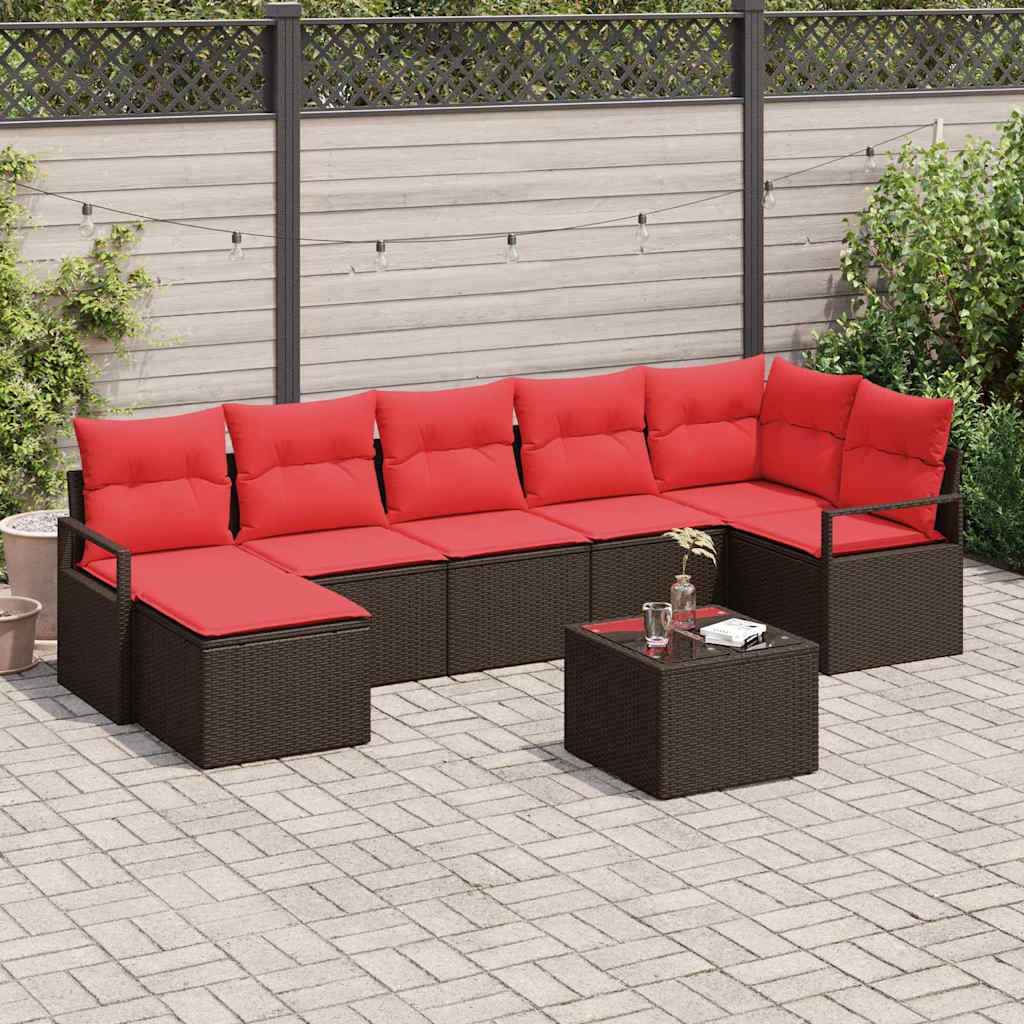 vidaXL Bankstel met kussen met opslag 7 pcs Bruin en Rood poly rattan