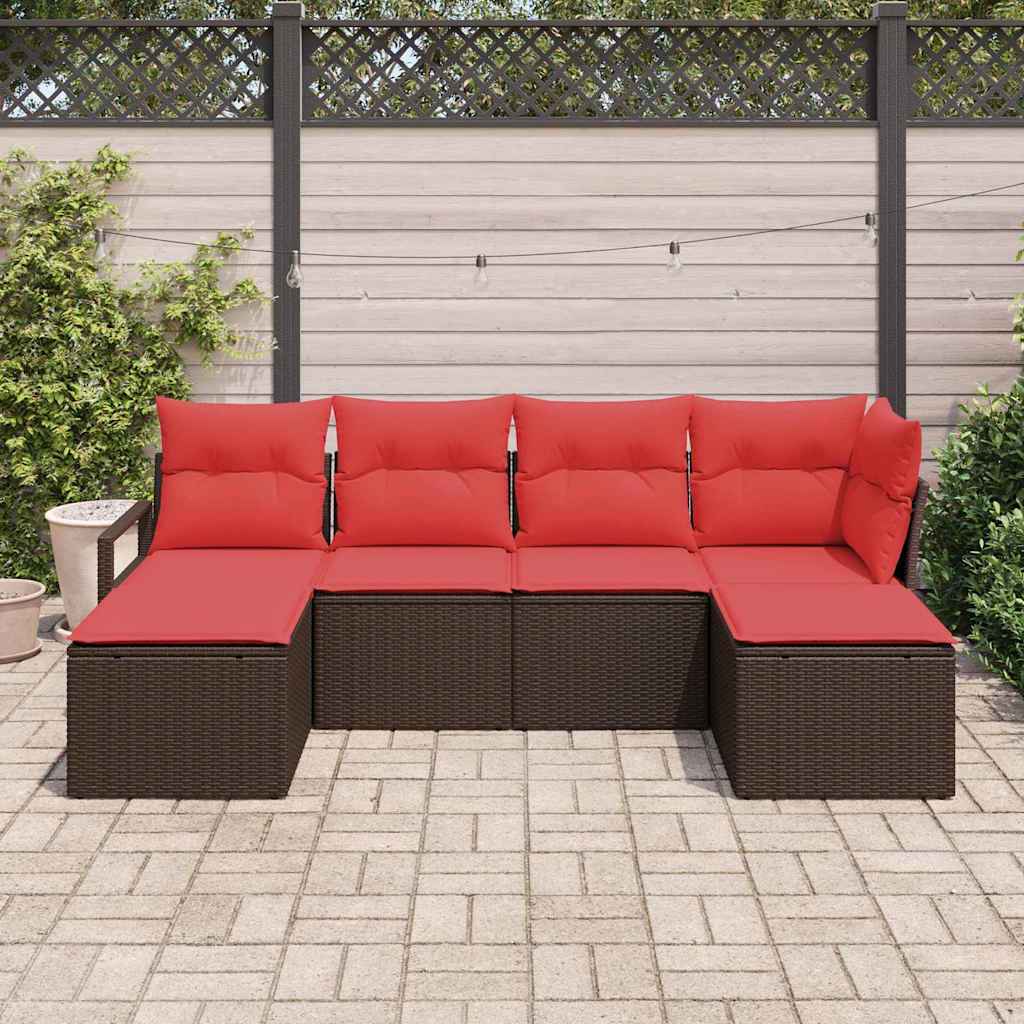 vidaXL Bankstel met kussen met opslag 6 pcs Bruin en Rood poly rattan