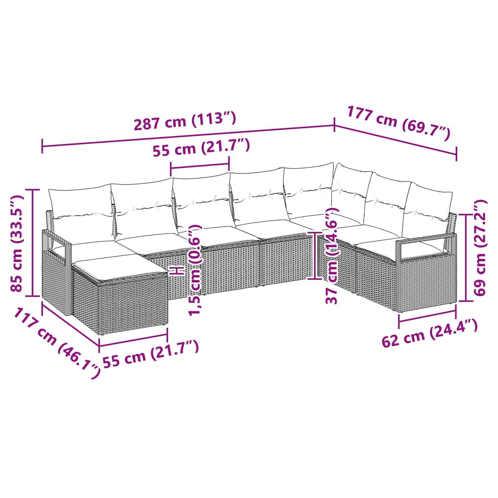 vidaXL Bankstel met kussen met opslag 8 pcs Bruin en Rood poly rattan
