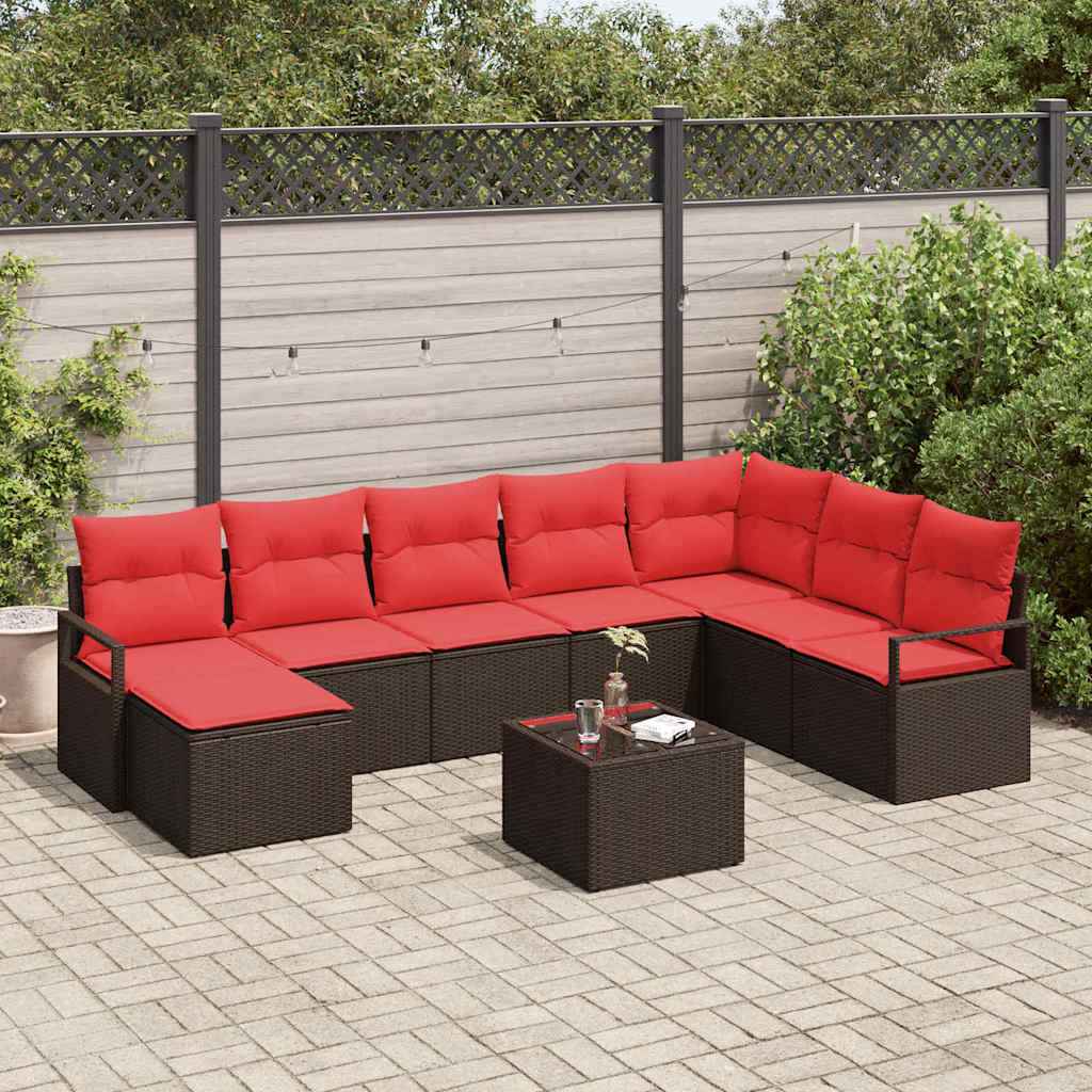 vidaXL Bankstel met kussen met opslag 8 pcs Bruin en Rood poly rattan