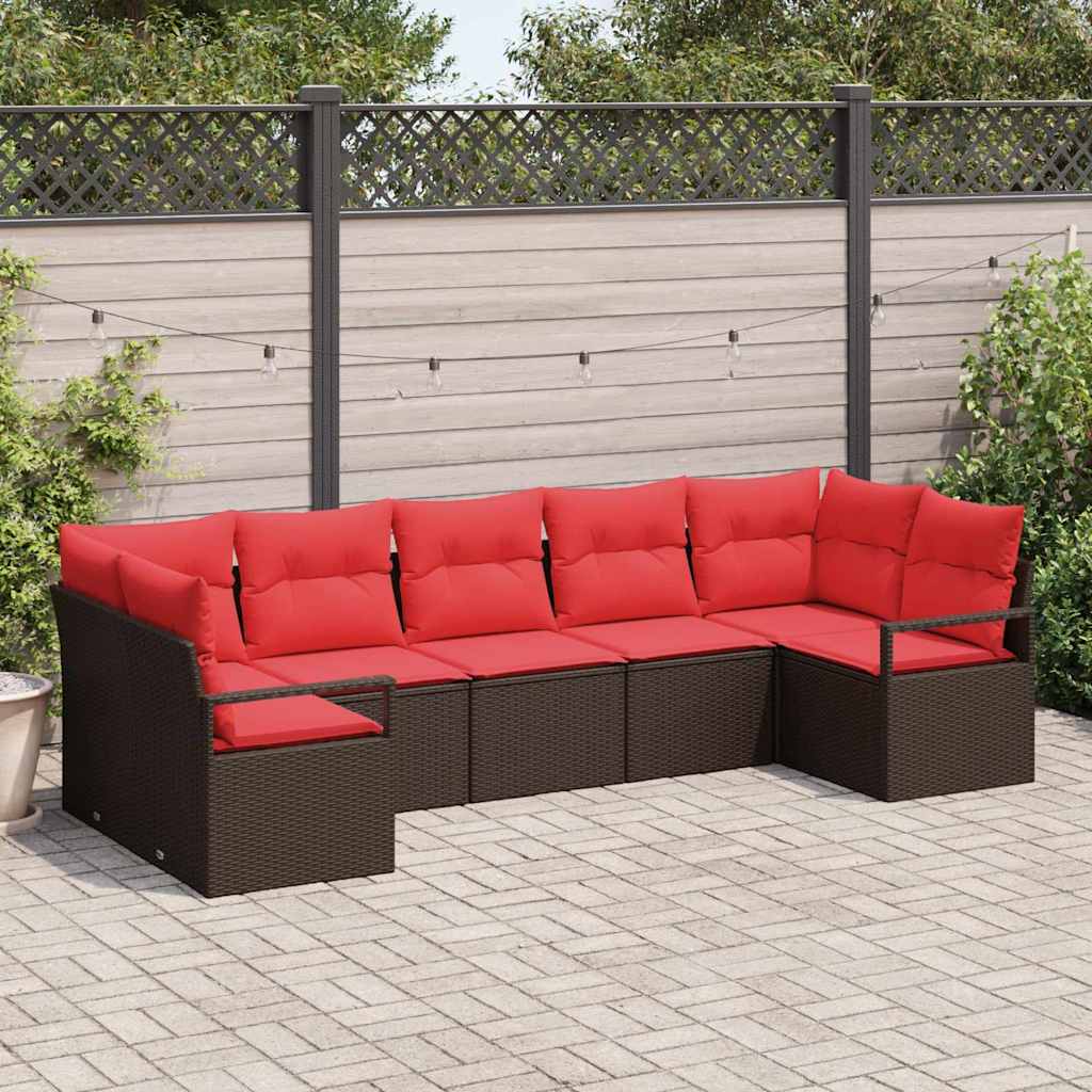 vidaXL Tuinbankenset met kussen 7 pcs Bruin en Rood poly rattan