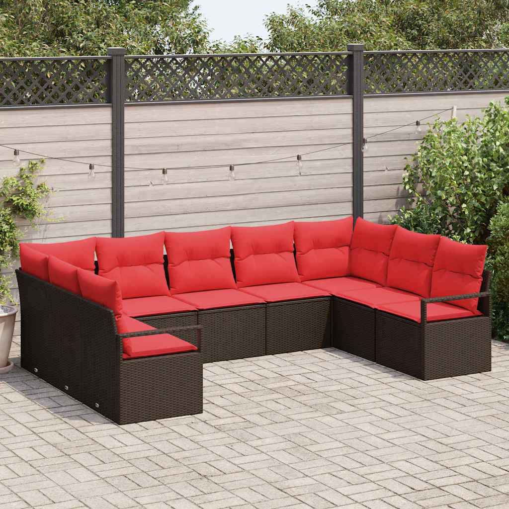 vidaXL Tuinbankenset met kussen 9 pcs Bruin en Rood poly rattan