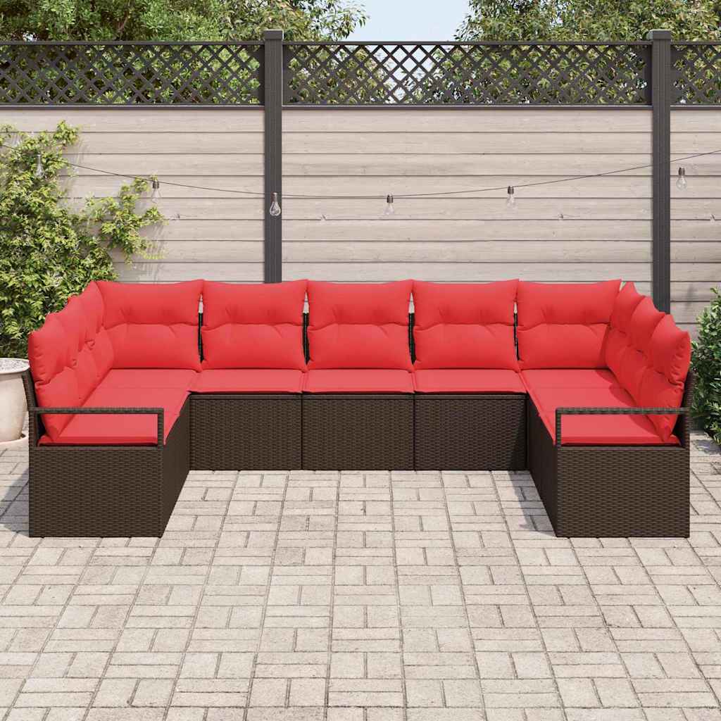 vidaXL Tuinbankenset met kussen 9 pcs Bruin en Rood poly rattan
