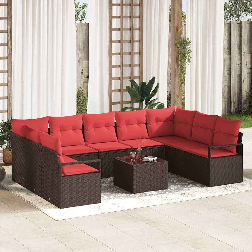 vidaXL Tuinbankenset met kussen 9 pcs Bruin en Rood poly rattan