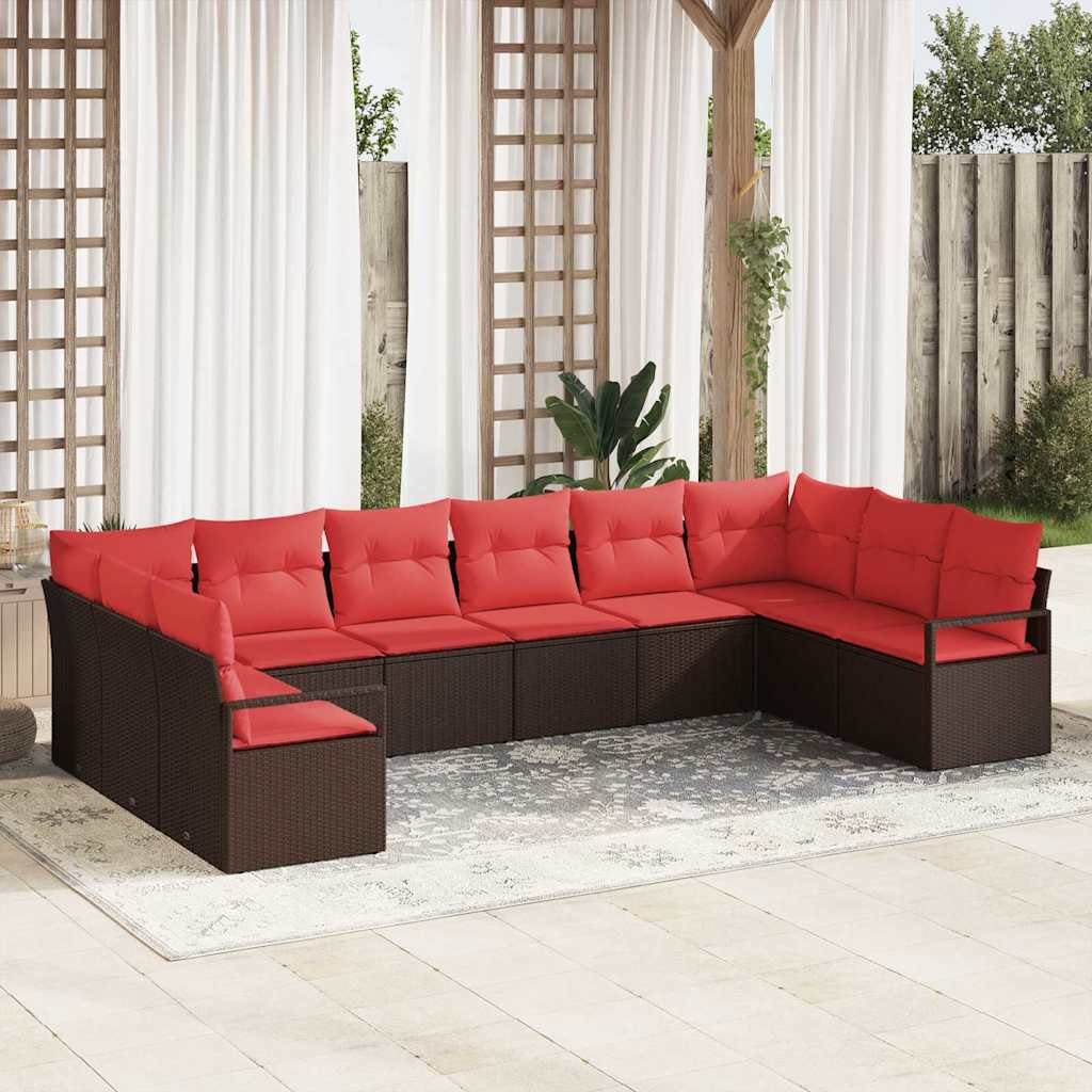 vidaXL Tuinbankenset met kussen 10 pcs Bruin en Rood poly rattan