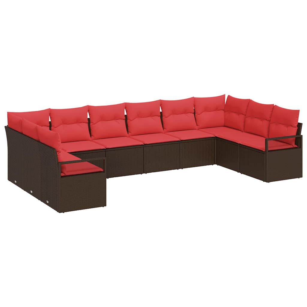 vidaXL Tuinbankenset met kussen 10 pcs Bruin en Rood poly rattan
