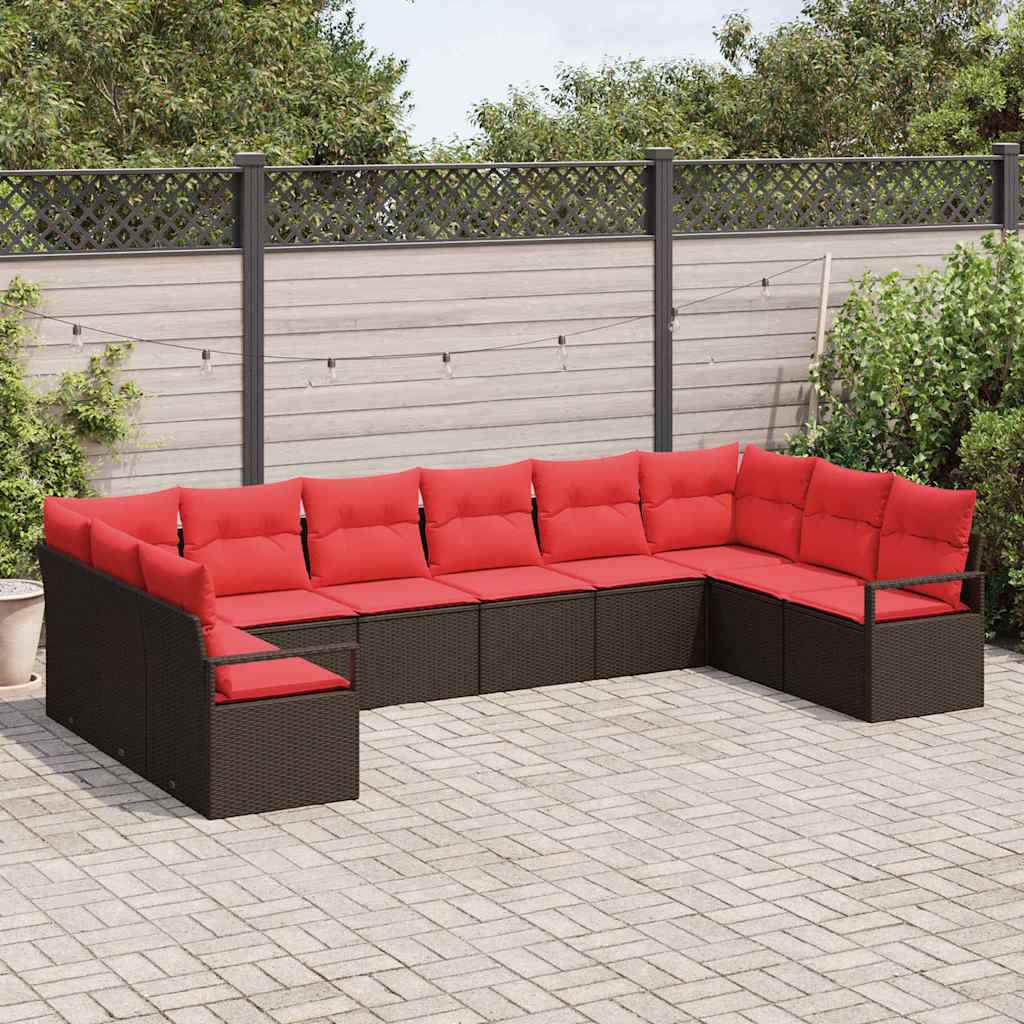 vidaXL Tuinbankenset met kussen 10 pcs Bruin en Rood poly rattan