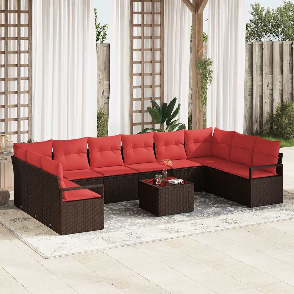 vidaXL Tuinbankenset met kussen 10 pcs Bruin en Rood poly rattan