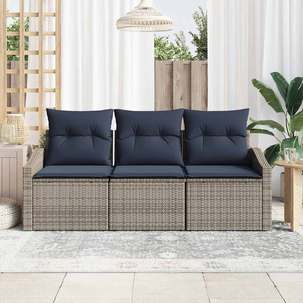 vidaXL Tuinbankenset met kussen 3 pcs Grijs en Marineblauw poly rattan