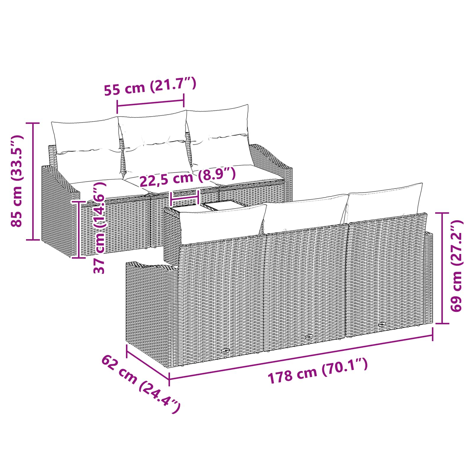 vidaXL Bankstel met kussen 7 pcs Grijs en Marineblauw poly rattan
